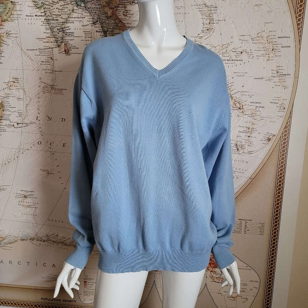 Jos.A.Bank Men's Light Blue V-Neck Sweater 100% cotton grandpa preppy classic XL